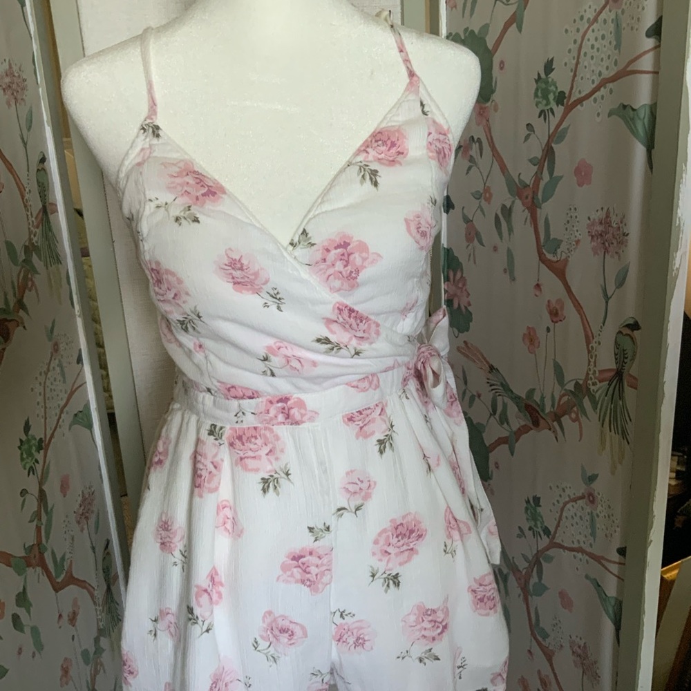 Abercrombie & Fitch Pink and White Pleated Wrap Romper